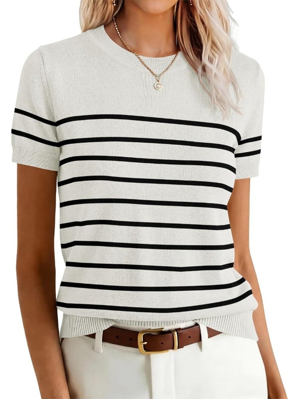 Women's White Black Stripe Wool Blend Crew Neck Short Sleeve Casual Sweater